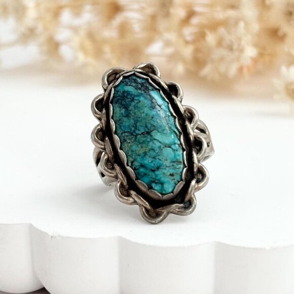 Turquoise Oval Southwest Sterling Vintage Scalloped Navajo Ring - sz 5.25 - Picture 1 of 9